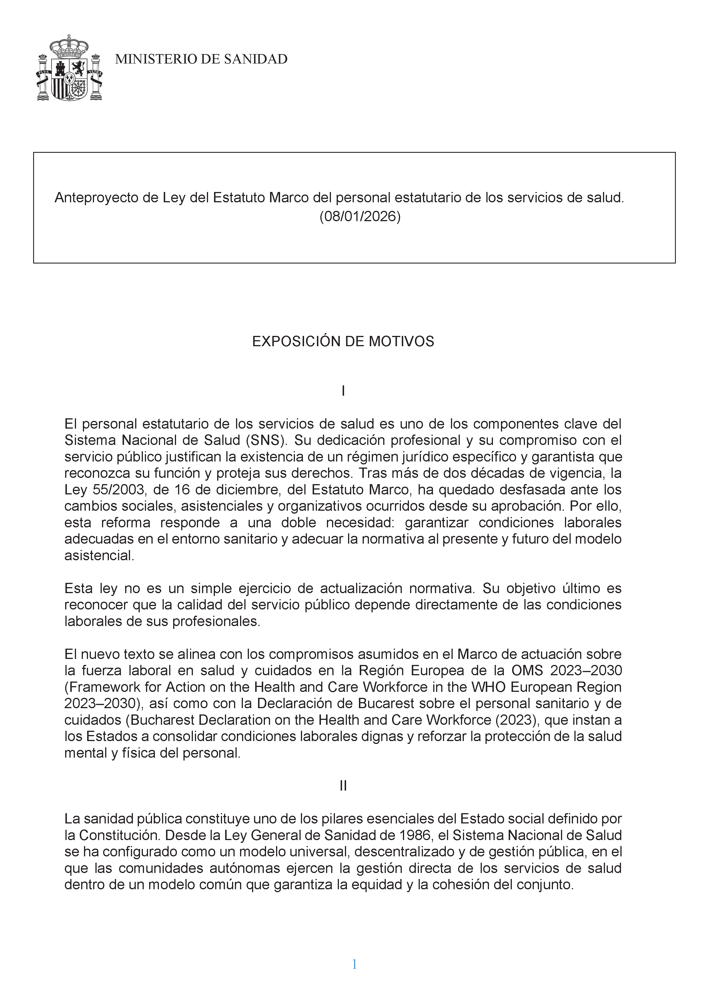 Portada del Documento Propuesta de Anteproyecto de Ley del Estatuto Marco del personal estatutario de los servicios de salud