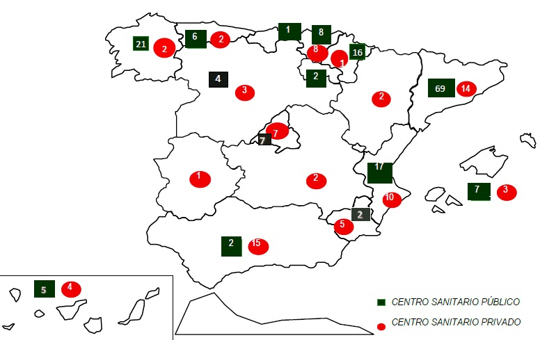 Mapa de Espa&ntilde;a de la distribuci&oacute;n de centros que han notificado I.V.E.s, seg&uacute;n Comunidad Aut&oacute;noma y dependencia patrimonial. Espa&ntilde;a, 2024